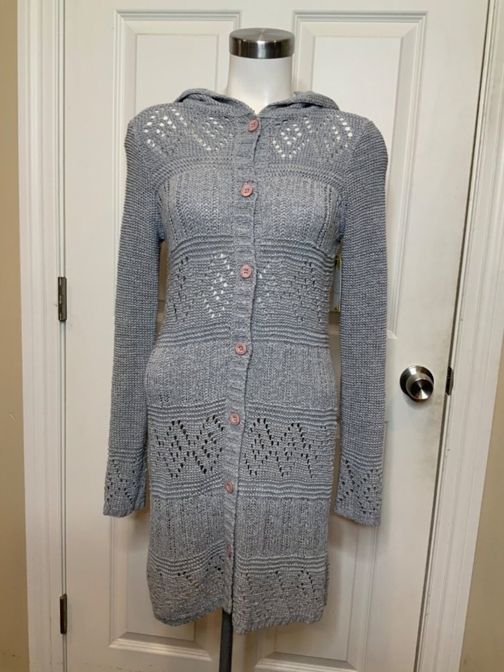 BCBG Max Azria Light Gray Open Knit Long Hooded Button-Up Cardigan, Size M